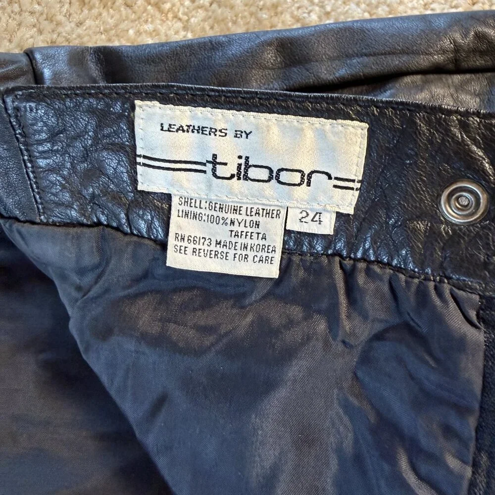 VTG 90s Tibor Black Genuine Leather Mini Skirt Women Sz L High Waist Korea F443